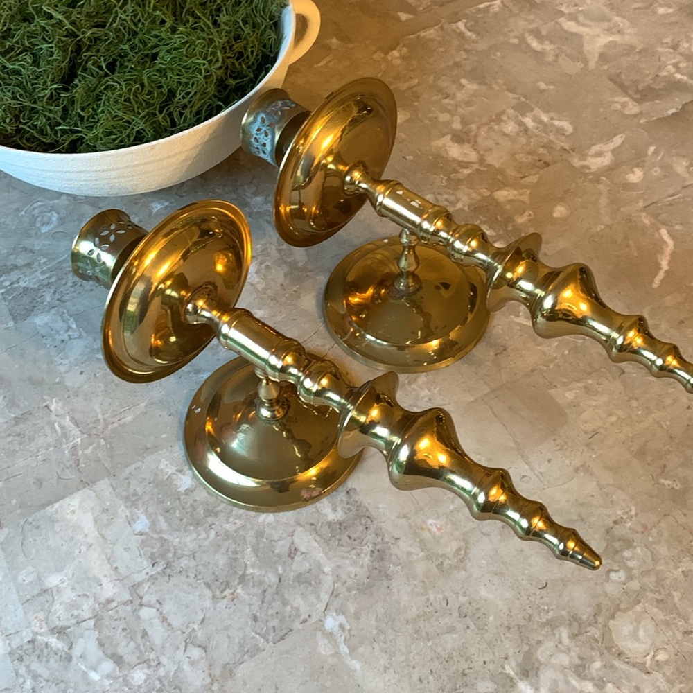 Set of 2 Solid Brass Candle Holders Wall Sconce MCM And Regency Decor‎ Vintage